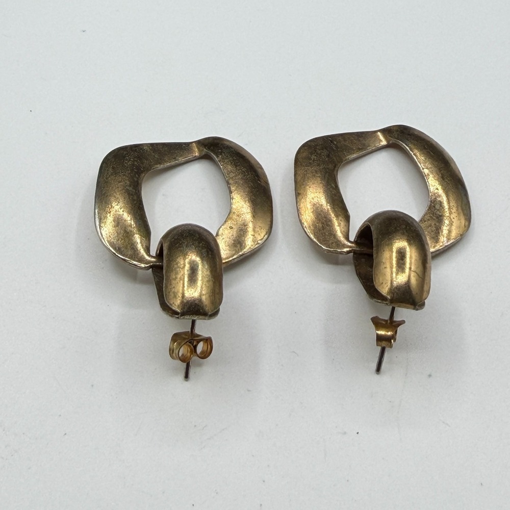 Gold Tone Geometric Door Knocker Dangle Earrings Chunky Statement Pierced Pair - Picture 8 of 13